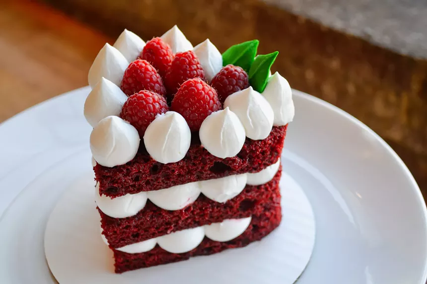 A heart-shaped red velvet cake from Izzio Bakery