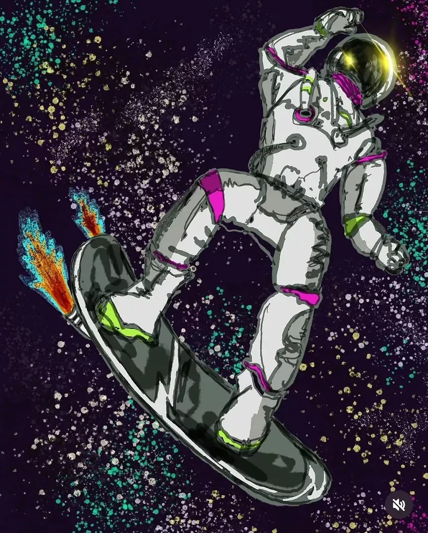 A digital drawing of an astronaut riding a rocket-powered board