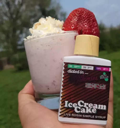 A strawberry milkshake made with Dialed In rosin syrup