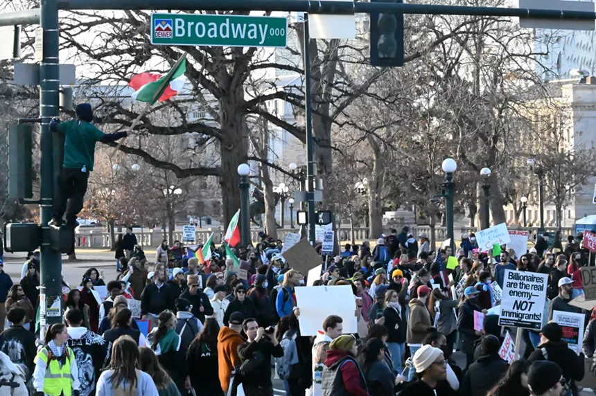 Protesters march on Broadway.