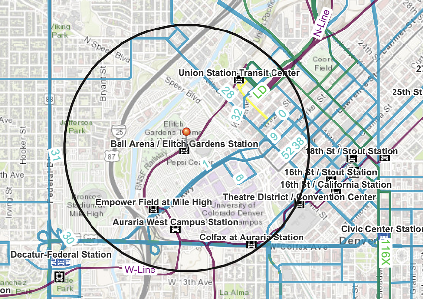 Denver Ball Arena light rail stop map