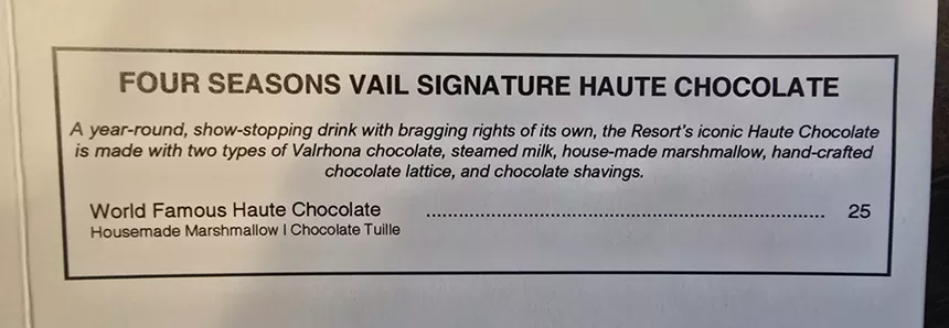 menu description of haute chocolate