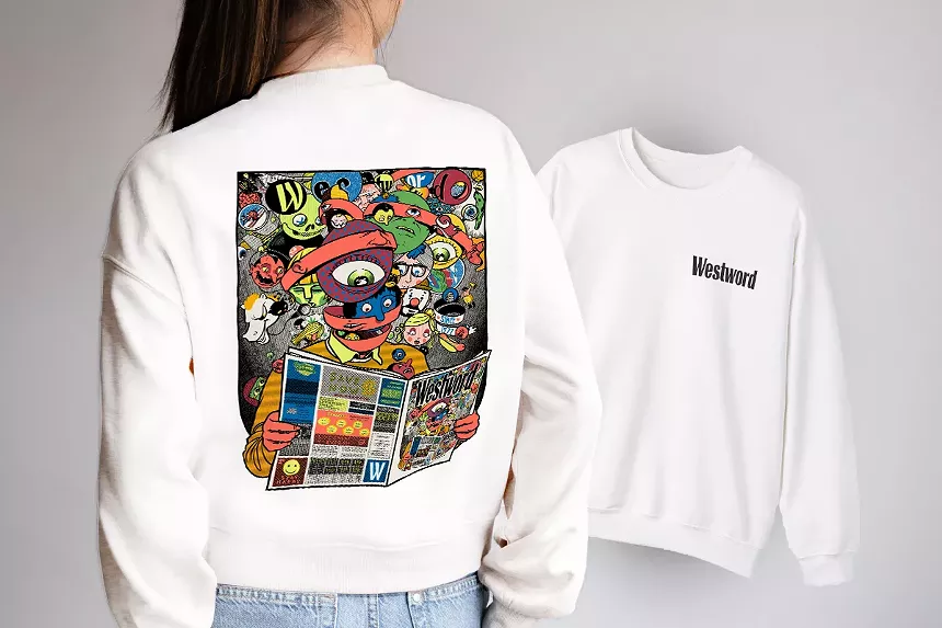 Colorful art on a white crewneck