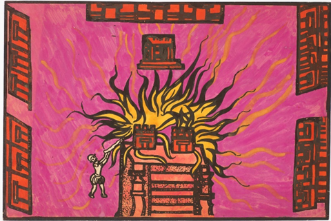 A pink painting of a fire