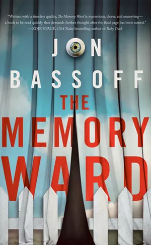 the cover of the book shows a curtain and white picket fence