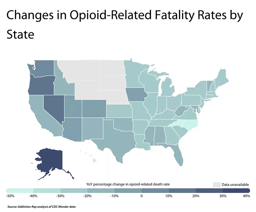 Map of opioid overdose deaths in America, 2024