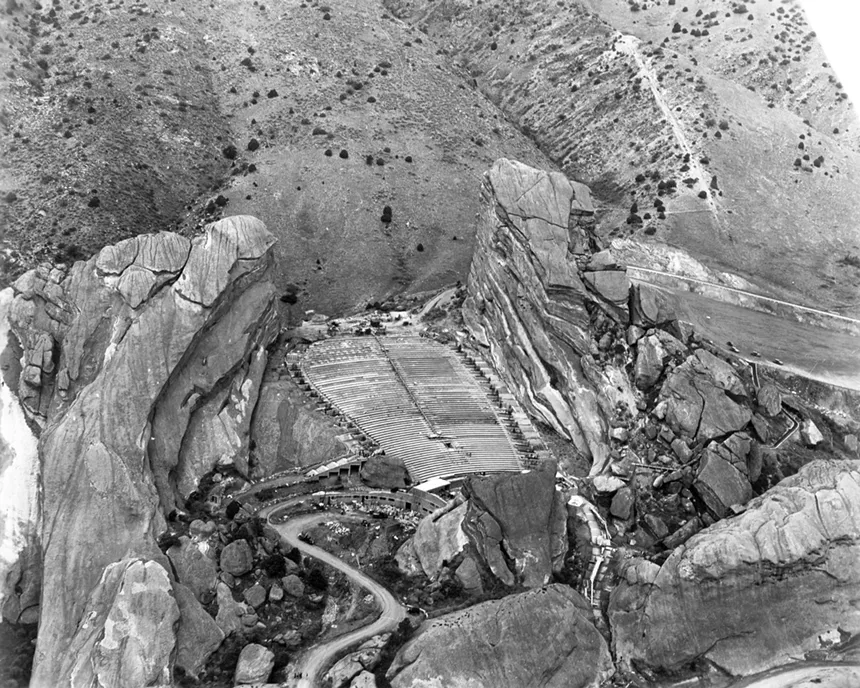 an aerial shot of Red Rocks Amphitheatre