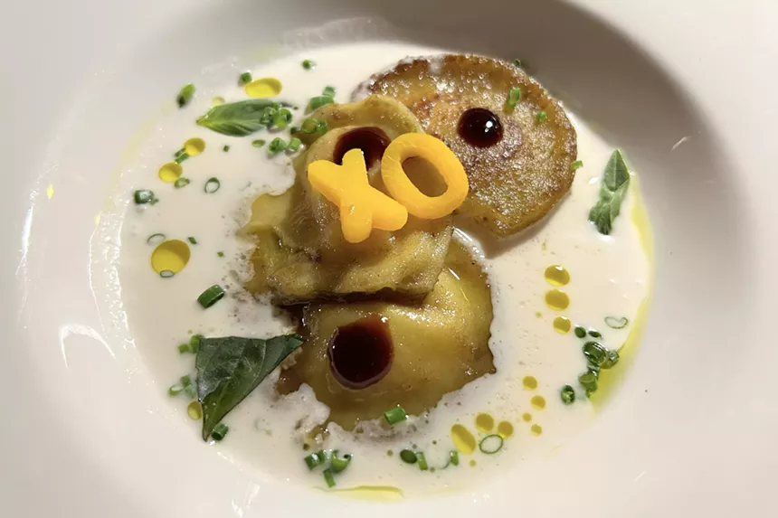 Kabocha ravioli served with chestnut butter, sherry cream and fig