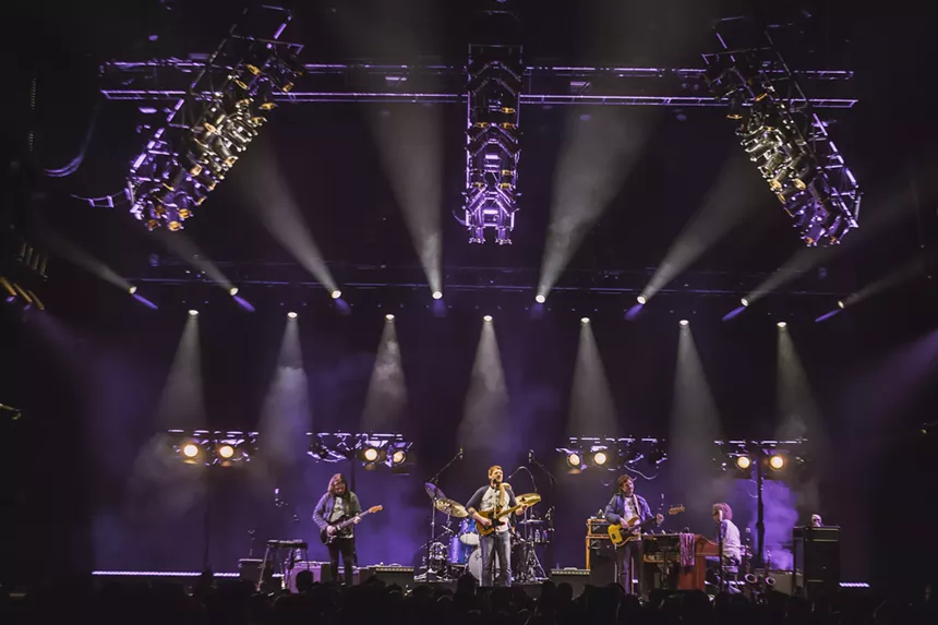 A wide camera shot of Sturgill Simpson on stage at Mission Ballroom.
