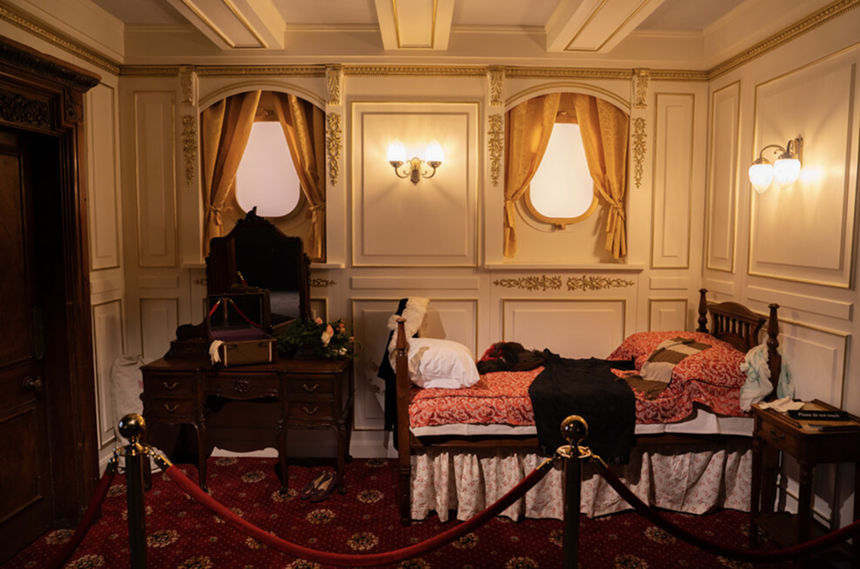 A replica of a bedroom onboard the Titanic.
