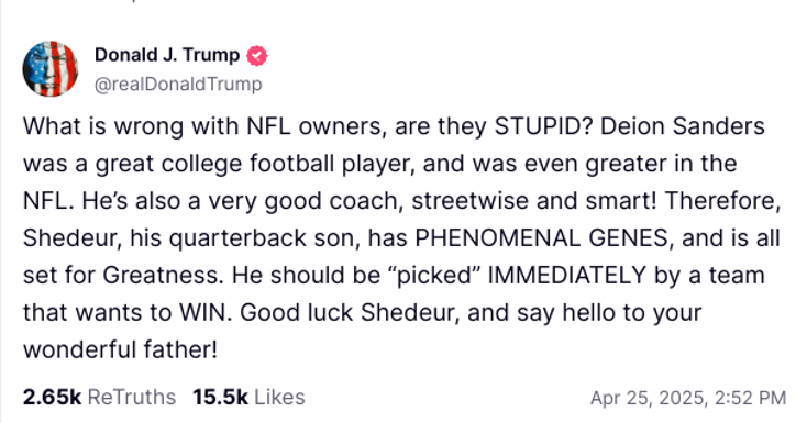 Truth Social Screenshot of Donald Trump post