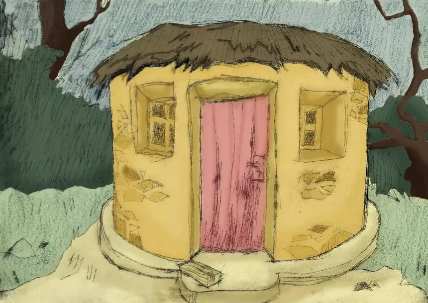 A painting of a yellow house