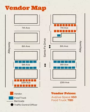 A map of streets in the Santa Fe Arts District