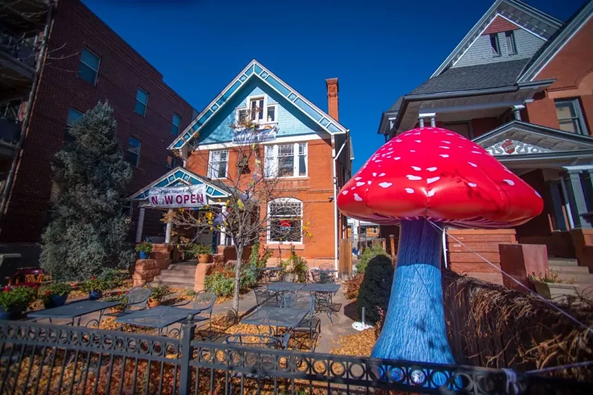 victorian house with mushroom in front