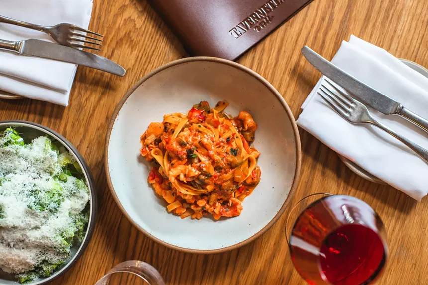 Lobster tagliatelle, insalata mista and a glass of wine from Tavernetta Vail