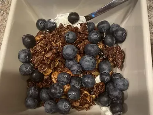 Bowl of yogurt and granola with blueberries