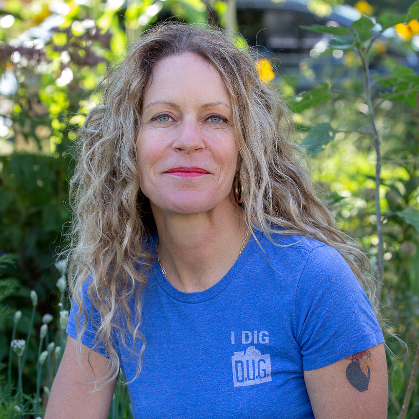 woman in blue T-shirt