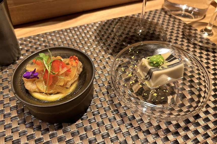 Marinated, lightly fried cod and marbled sesame tofu from Kizaki