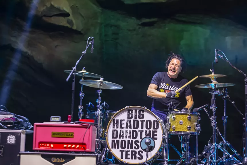 A picture showing Big Head Todd and the Monsters' drum set displaying their band name.