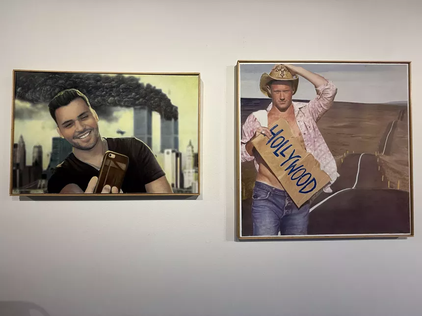 Two pieces of art that showcase someone taking a selfie with the Twin Towers in the background and a man on the middle of the road holding a cardboard sign that says "Hollywood."