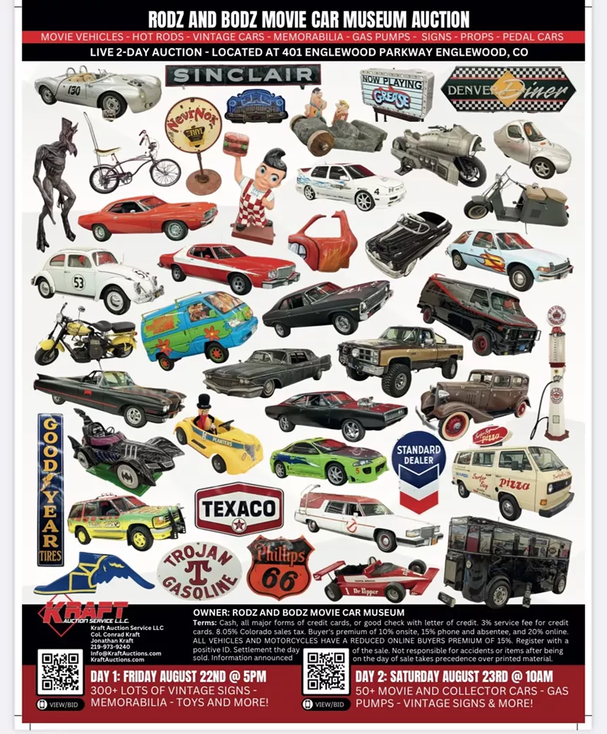 A auction flyer filled with cars, memorabilia and fixtures that will be in auction.