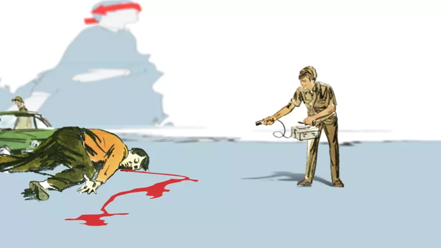 An illustration of someone trying to interview a dead man