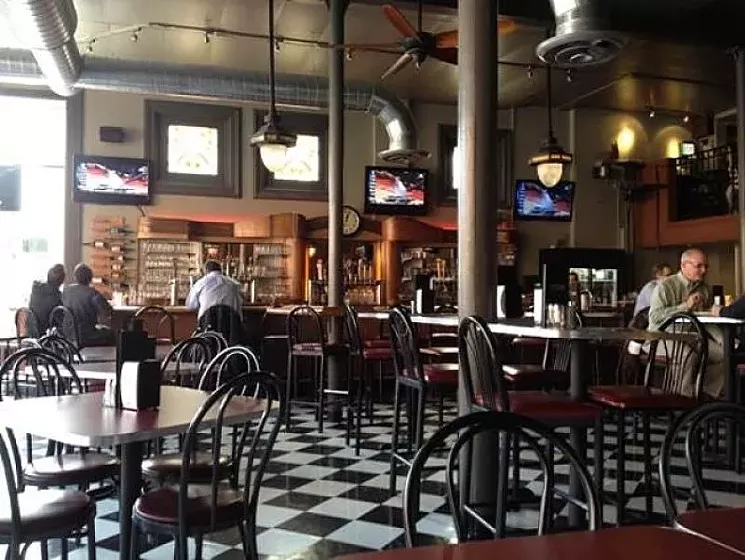 bar with black-and-white checked tile.