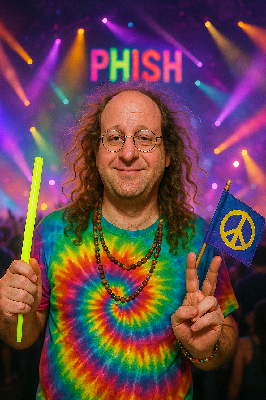 an AI image of Jared Polis with long hair at a Phish show