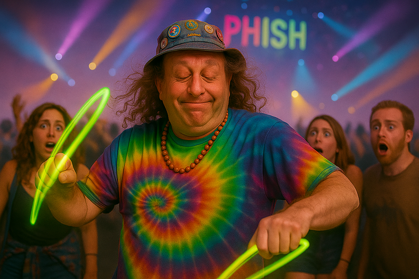 an AI image of Jared Polis dancing with glowsticks at a Phish show