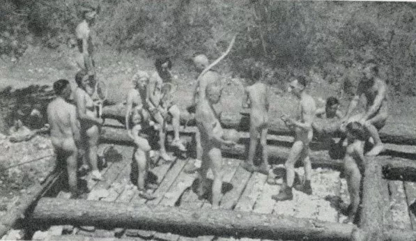 Naked people building a clubhouse