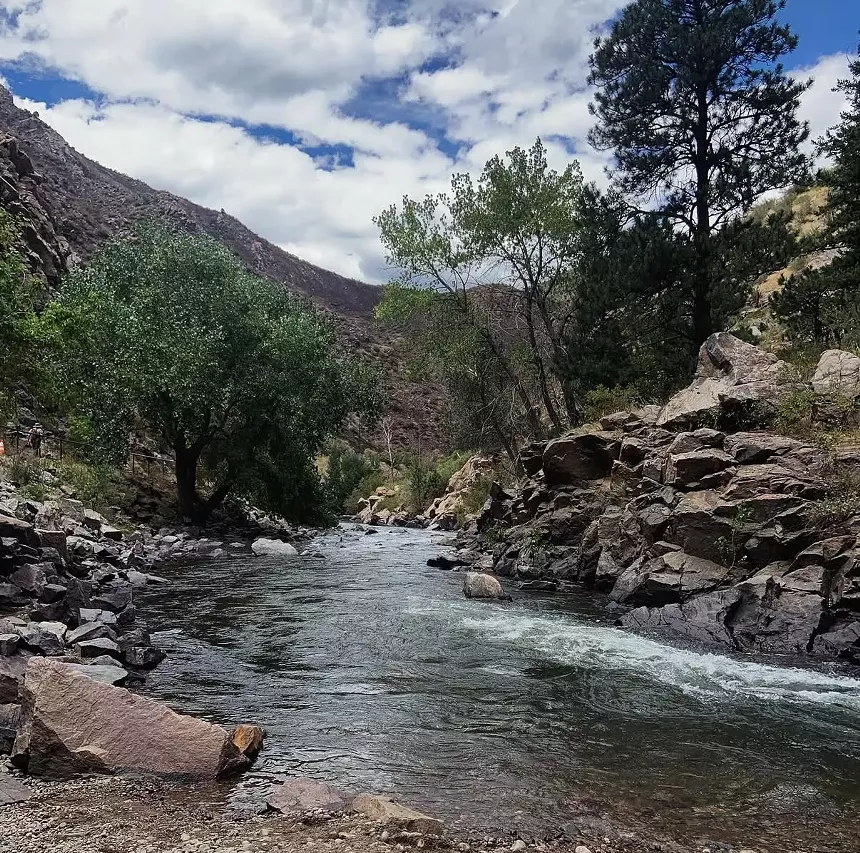 A creek with mountains around it