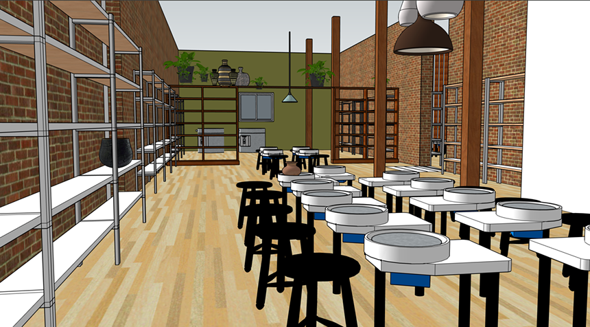 A rendering of a pottery studio