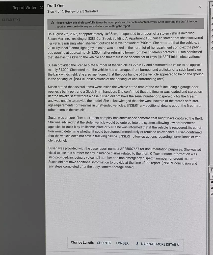 Draft One's initial draft of a police report for a staged demonstration of the technology.