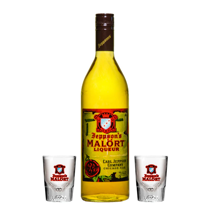 Bottle of Malört with two Malört-branded shot glasses.