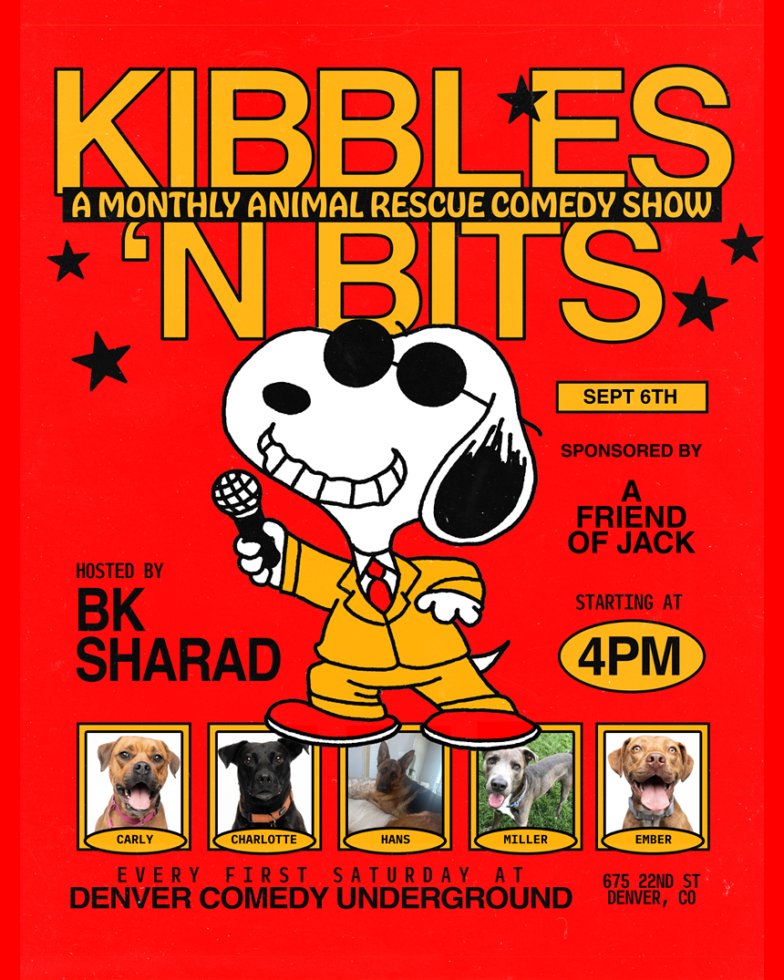 Comic show flyer depicting adoptable dogs