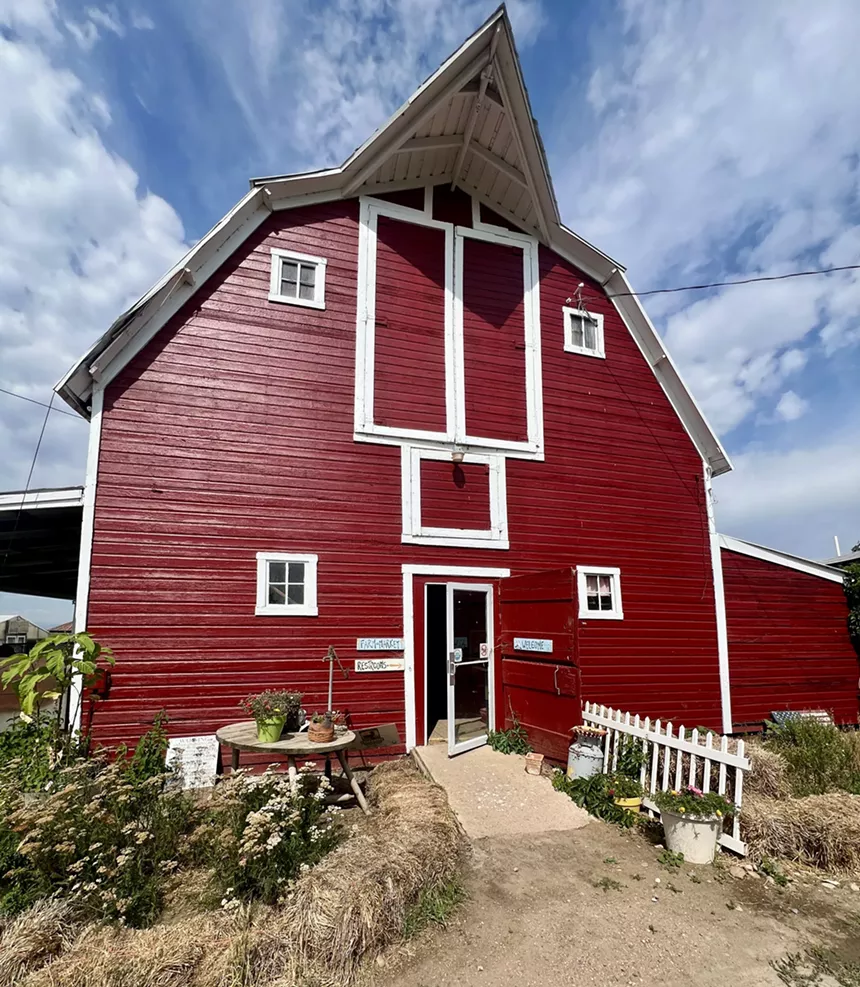 A red farm building