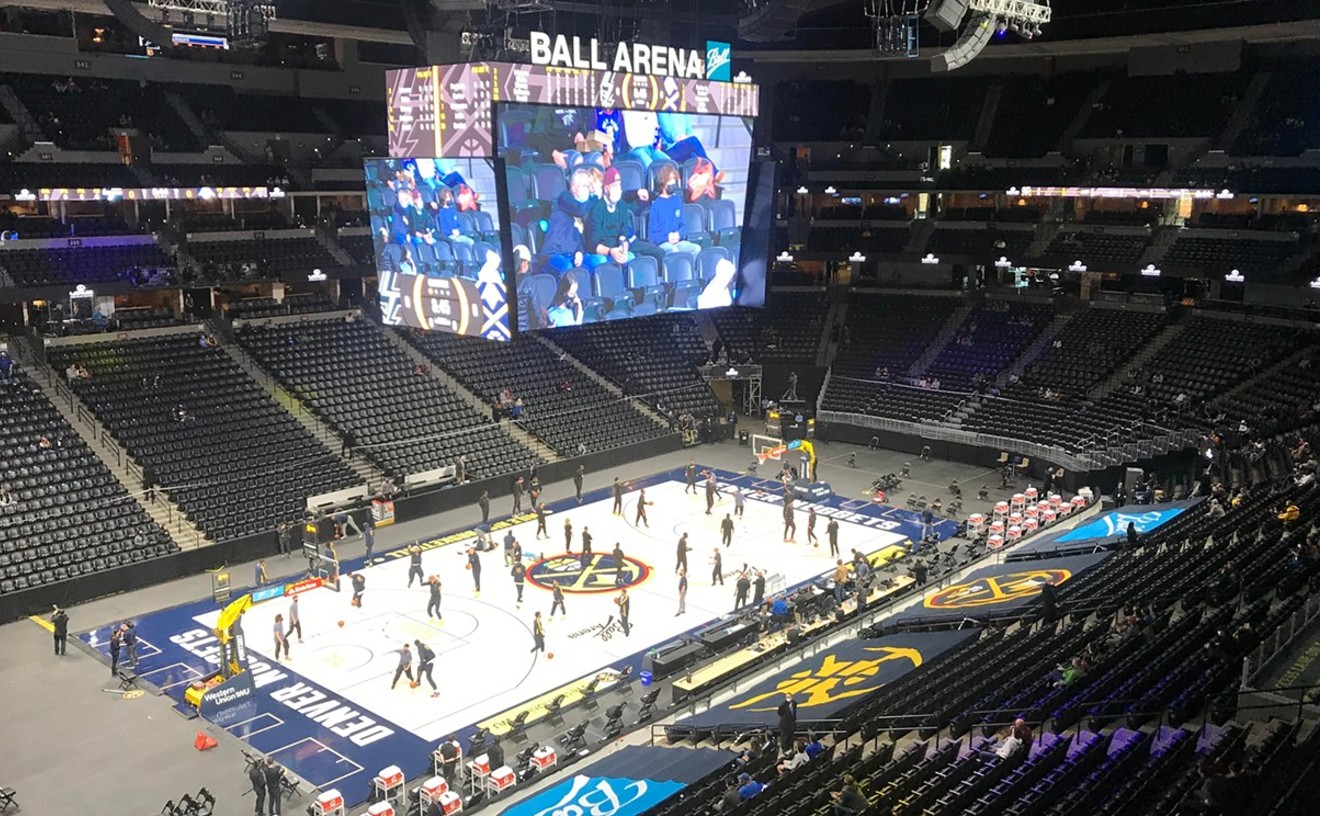 A look at Ball Arena prior to the start of a Denver Nuggets game in April.