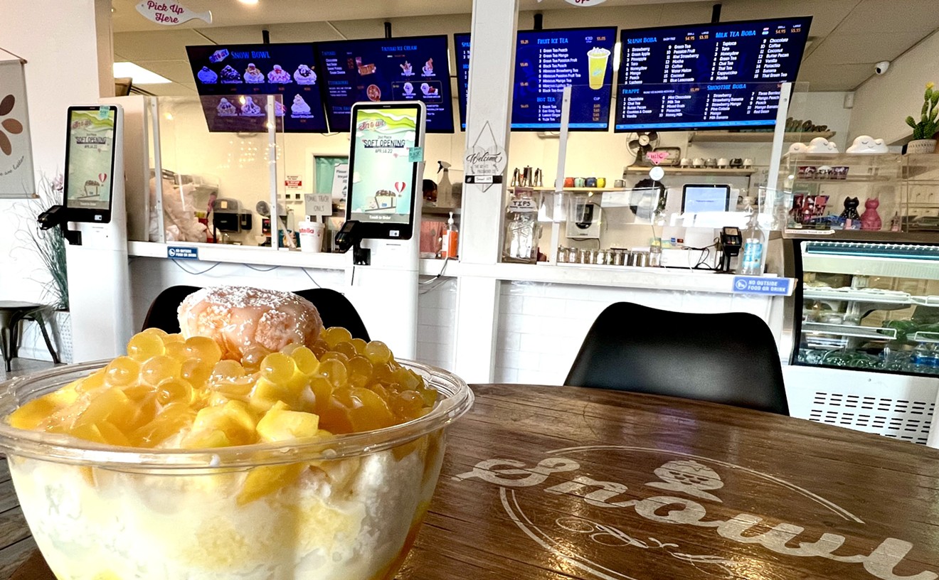 A bowl of Mango Snow from Snowl is served in a large, sharable bowl.