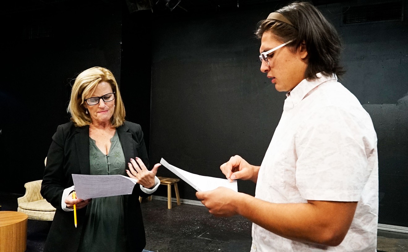 Suzanne Nepi and Tanis Joaquin Gonzales rehearse The COVID Wife.