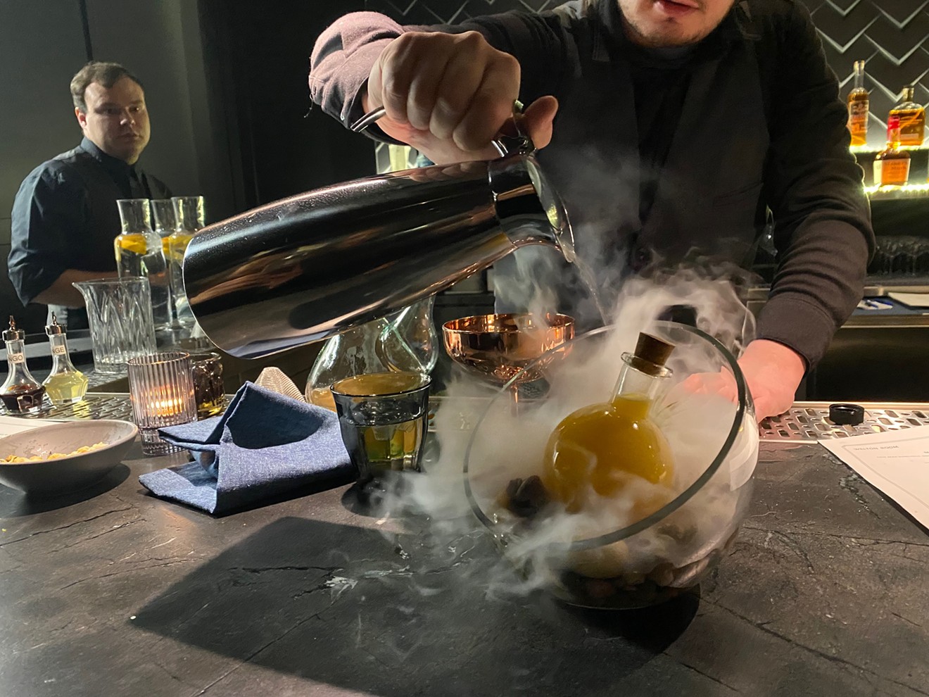 The Passion Fruit cocktail is frozen with liquid nitrogen in a literal terrarium.