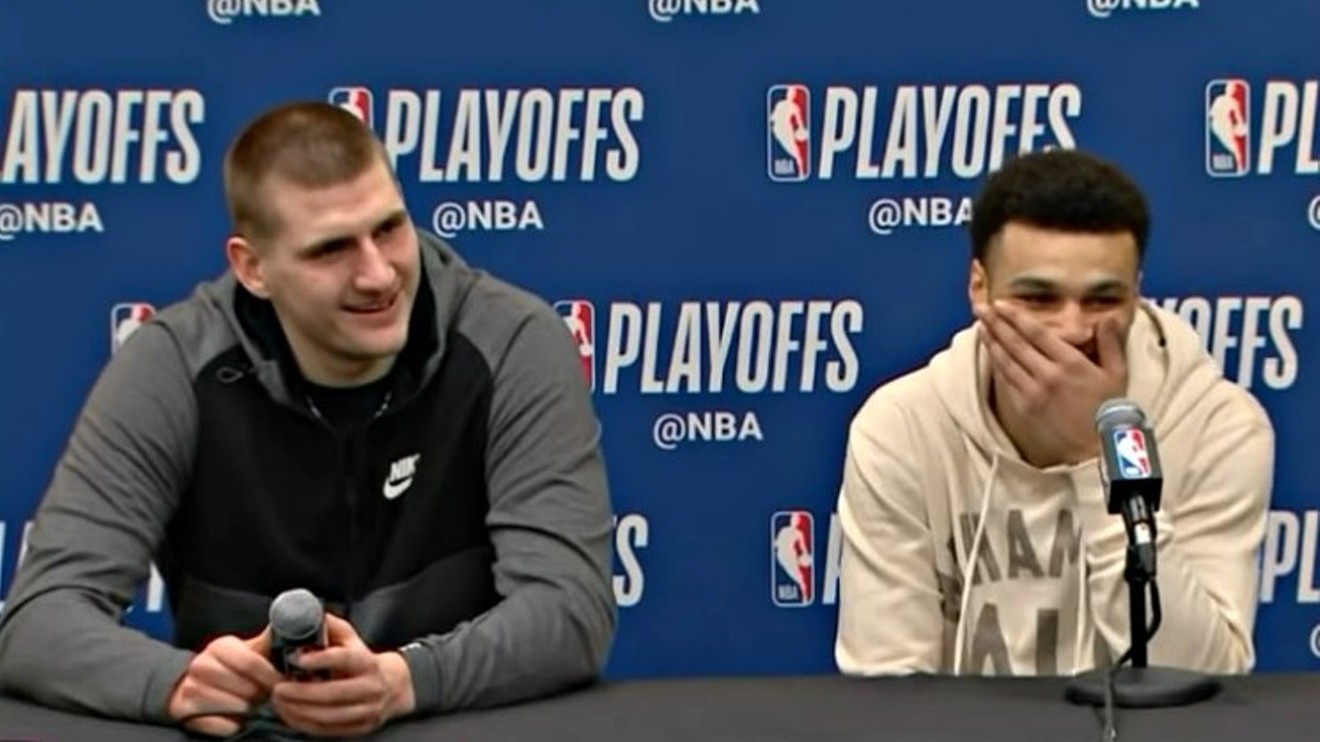 Denver Nuggets' Nikola Jokic and Jamal Murray at a post-victory press conference in April 2019, a few months before Altitude's conflict with Comcast went public.
