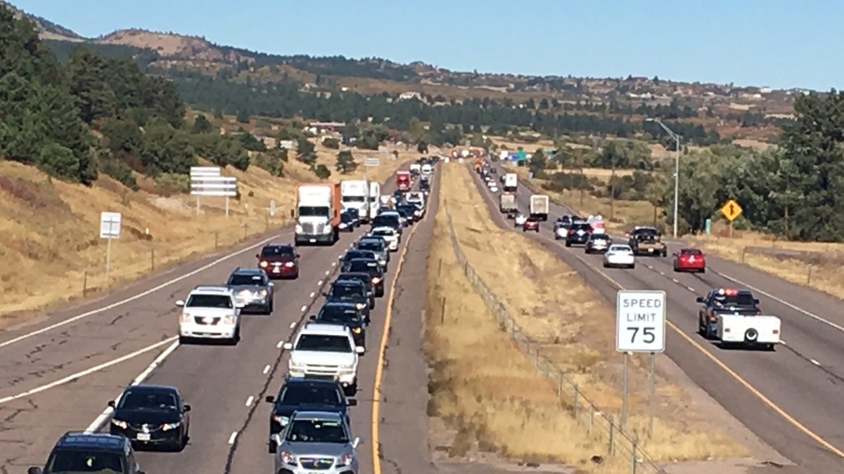 Jammed traffic on a stretch of Interstate 25.