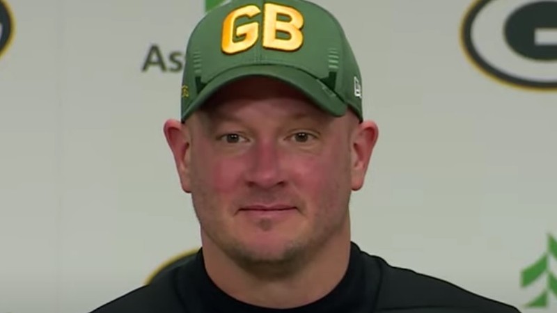 Nathaniel Hackett as seen in a November press availability in which he praised the toughness of Aaron Rodgers.