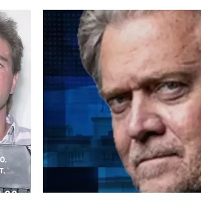 A vintage mug shot of Robert Sigg and a portrait of Steve Bannon on the Real America's Voice website.