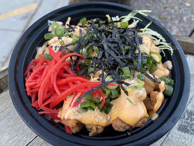Image: Spicy Karaage Chicken bowl with double fried crispy popcorn chicken.