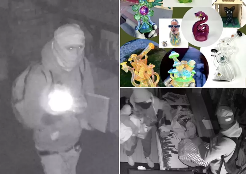 Image: Photos showing thieves who broke into Positive Vibes smoke shop in Denver and some of the glass they stole.