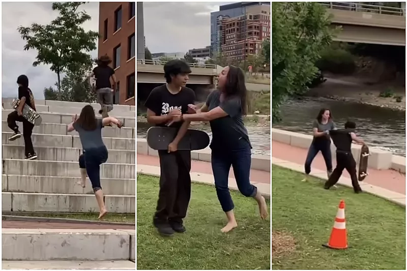 Image: Screenshots of a video show a woman running after, pushing and pulling young skateboarders.
