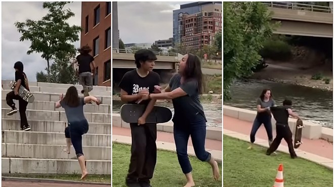 Screenshots of a video show a woman running after, pushing and pulling young skateboarders.