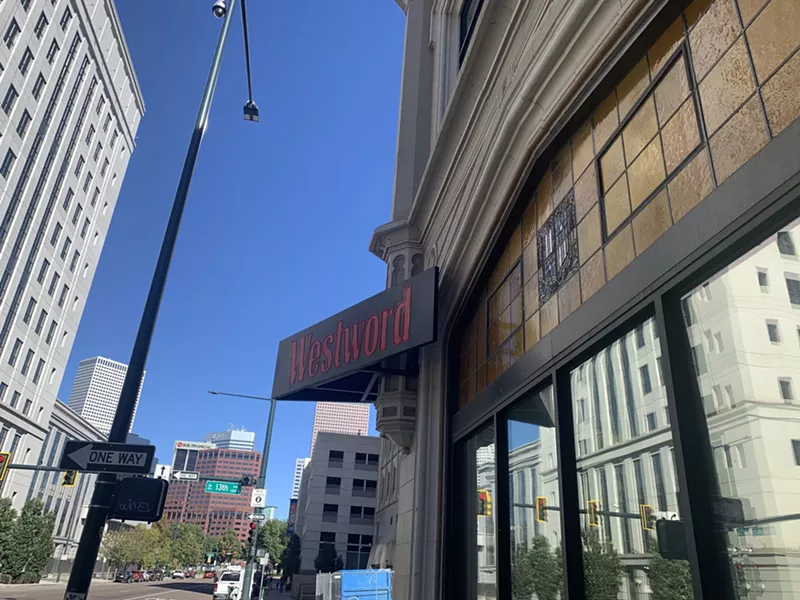 Image: photos of old building, sign, downtown Denver.