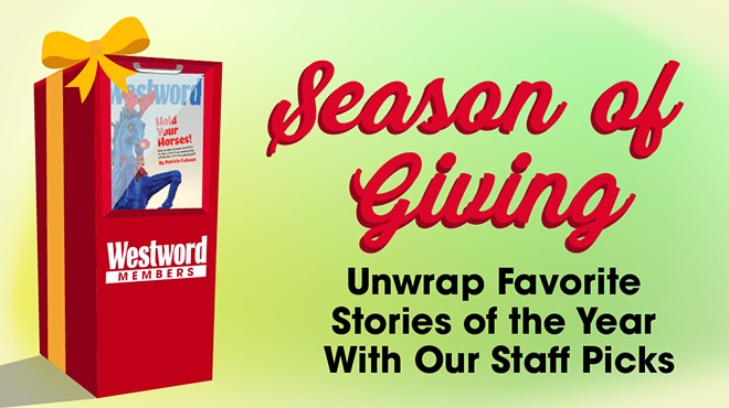 Season of Giving image with a red Westword newsstand wrapped in a bow
